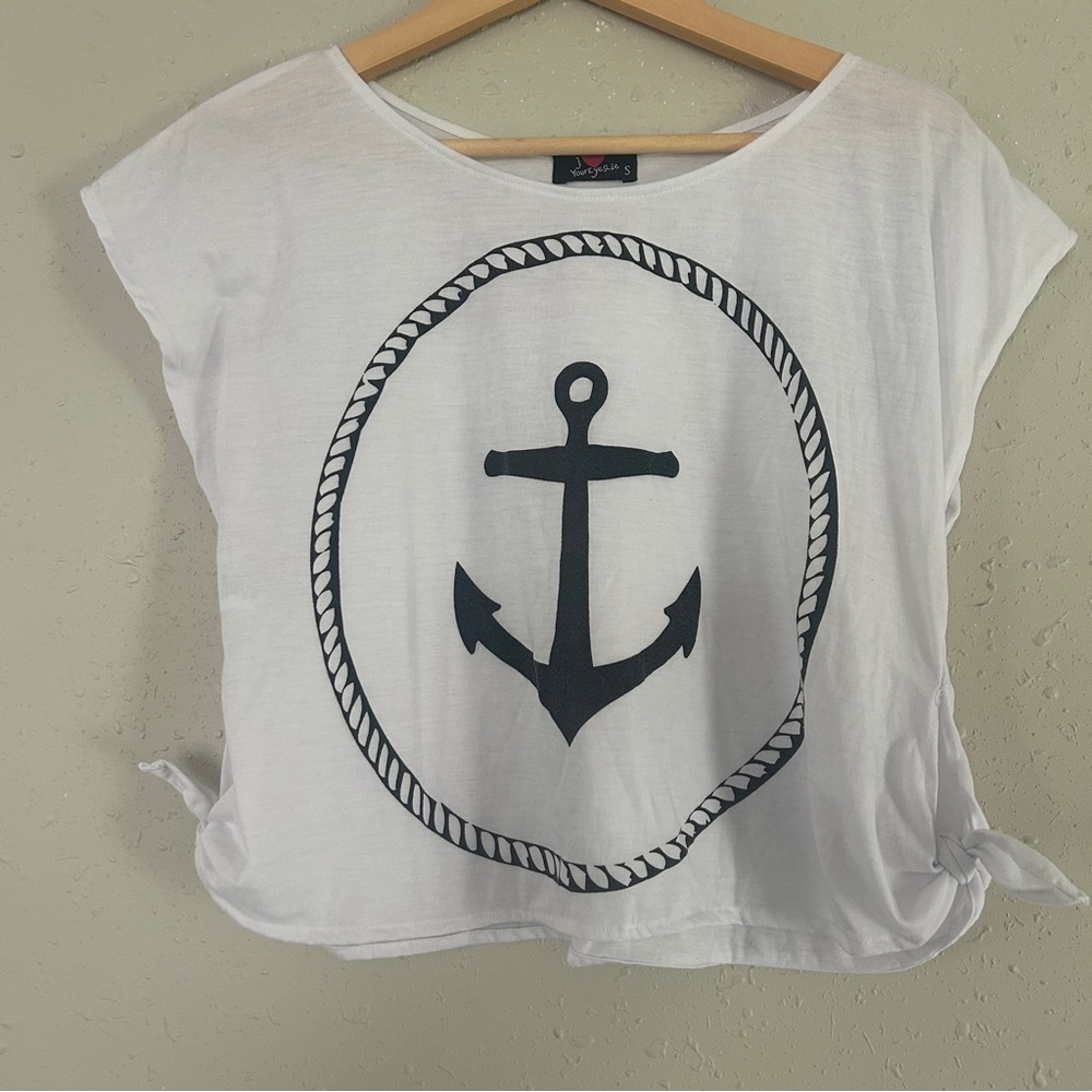 🦋 Your Eyes Lie Nautical Anchor Print White Crop Top Summer Casual Beach Small